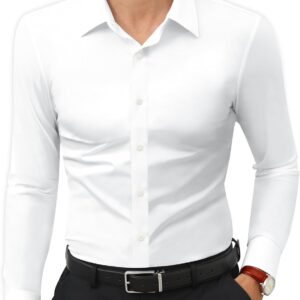 Camisas de vestir elásticas para hombre, de manga larga, ajustadas, ajuste muscular, sin arrugas, con botones