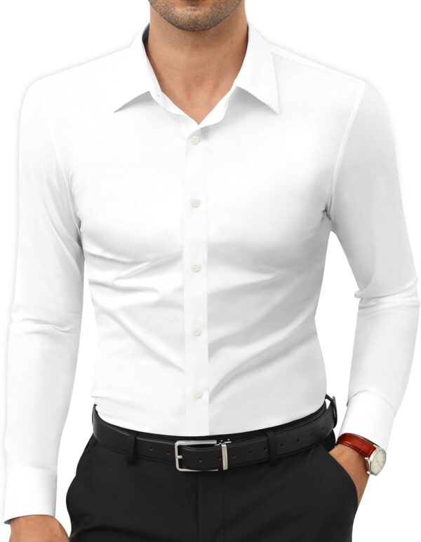 Camisas de vestir elásticas para hombre, de manga larga, ajustadas, ajuste muscular, sin arrugas, con botones