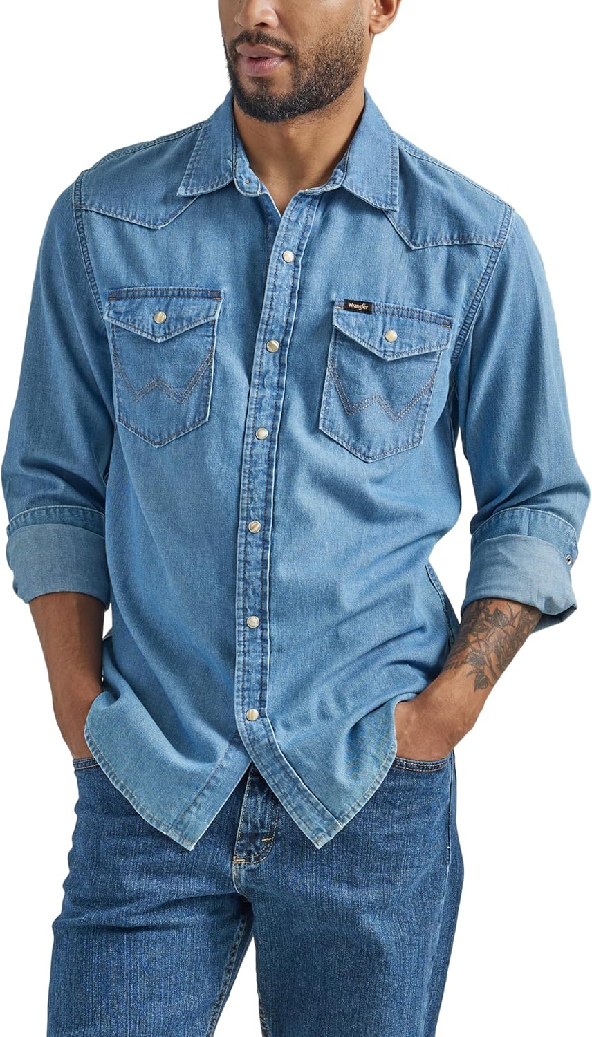Camisa para hombre Wrangler icónica de mezclilla de ajuste regular