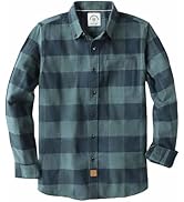 Long-sleeve button-down shirt in teal and navy buffalo plaid pattern, featuring collar and standard cuff design.